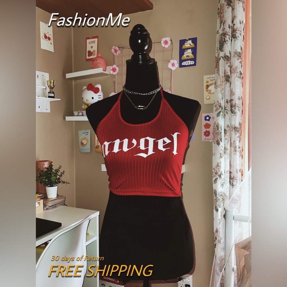 Women’s Angel’s Y2K’ Halter Neck Red Crop Top,